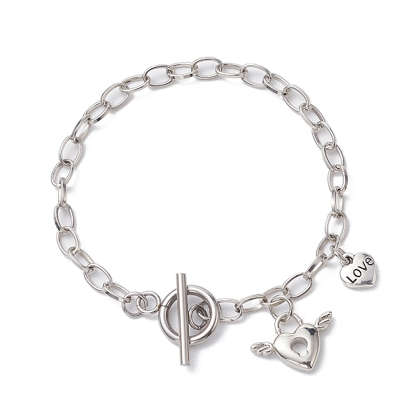 Pulsera De Latón Con Dije De Corazón Y Cadenas De Eslabones Ovalados De Hierro