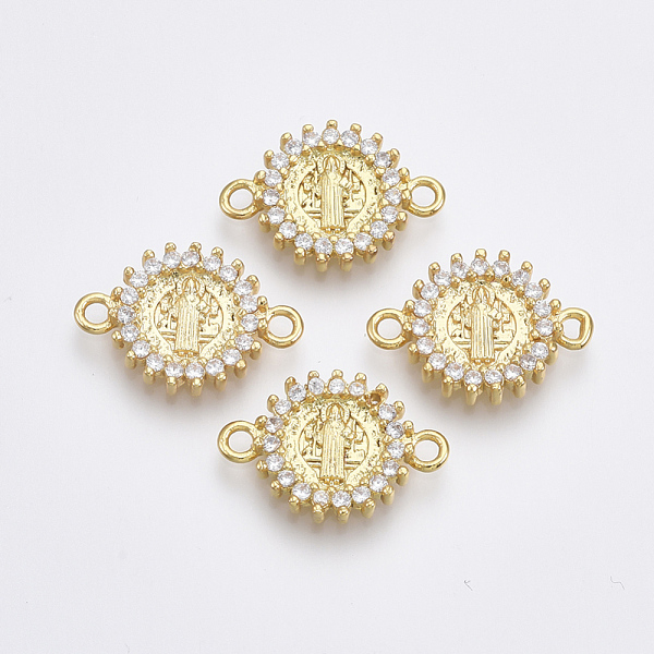 

PandaHall Brass Micro Pave Cubic Zirconia Links connectors, Religion, Flat Round, Saint Benedict, Clear, Golden, 10x14x2mm, Hole: 1.2mm...