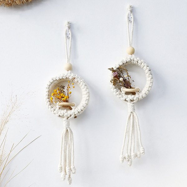 

PandaHall Cotton Macrame Plant Hangers, Artificial Flower Wood Holder Boho Style Hanging Planter Baskets, Wall Decorative Flower Pot Holder..., White
