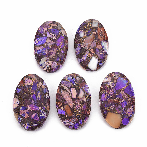 

PandaHall Assembled Natural Bronzite and Synthetic Imperial Jasper Pendants, Oval, Dyed, Blue Violet, 49~50x29~30x5~6mm, Hole: 1.5mm...