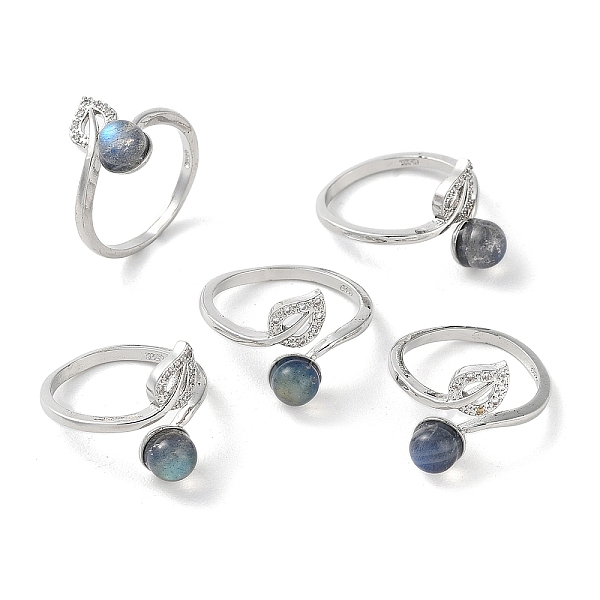 

PandaHall Natural Labradorite Round & Rhinestone Leaf Open Cuff Ring, Rack Plating Brass Ring for Women, Platinum, Inner Diameter: 16.2mm..., Clear