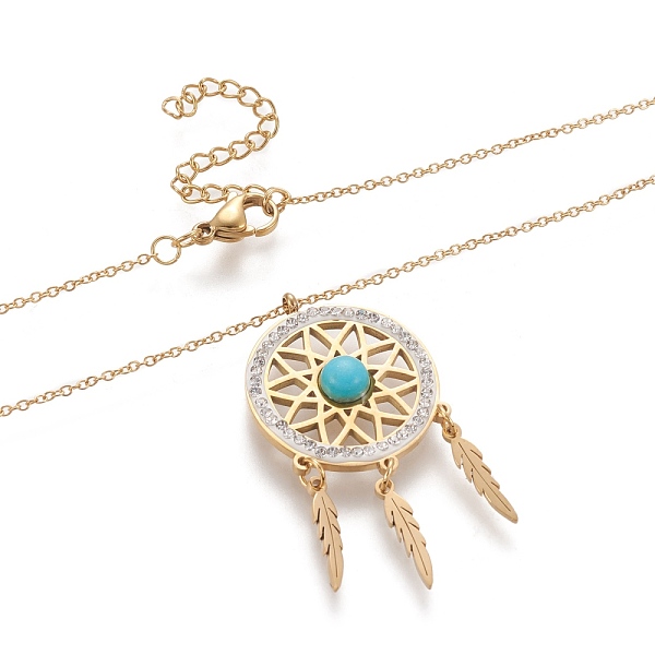 

PandaHall 304 Stainless Steel Pendant Necklaces, with Polymer Clay Rhinestone and Synthetic Turquoise, Woven Net/Web with Feather, Golden..., Clear