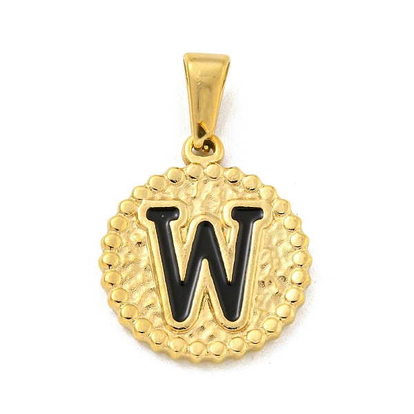 

PandaHall Ion Plating(IP) 304 Stainless Steel Enamel Pendants, Golden, Flat Round with Letter Charm, Letter W, 21x18x2mm, Hole: 8x3.5mm..., Black