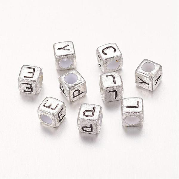 6MM Silver Mixed Letters Cube Acrylic Beads