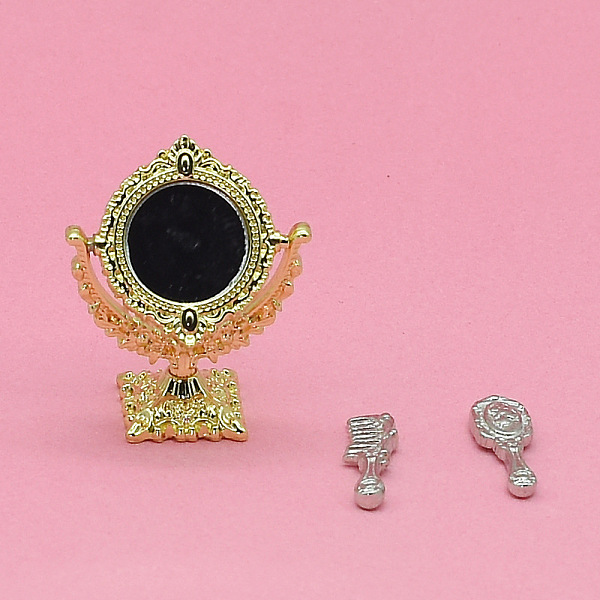 

PandaHall Miniature Retro Emboessed Alloy Makeup Mirrors, for Dollhouse Tabletop Decoration, Round Pattern, 27x37mm Alloy Round