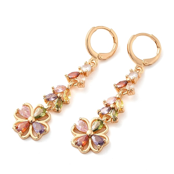 

PandaHall Rack Plating Golden Brass Dangle Leverback Earrings, with Cubic Zirconia, Flower, Colorful, 50x12.5mm Cubic Zirconia Flower