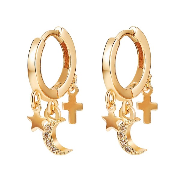 

PandaHall Clear Cubic Zirconia Moon Star Cross Dangle Hoop Earrings, Brass Jewelry for Women, Golden, 20x12mm Cubic Zirconia