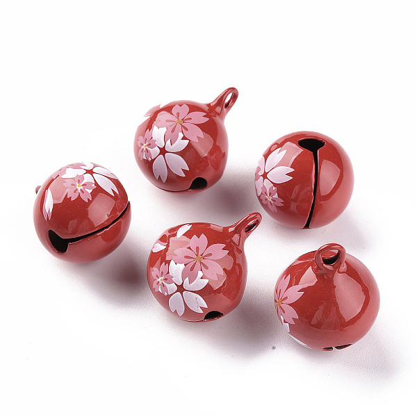 

PandaHall Baking Painted Brass Bell Pendants, Ball with Sakura, Red, 23x18x18mm, Hole: 2.5mm Brass Round Red
