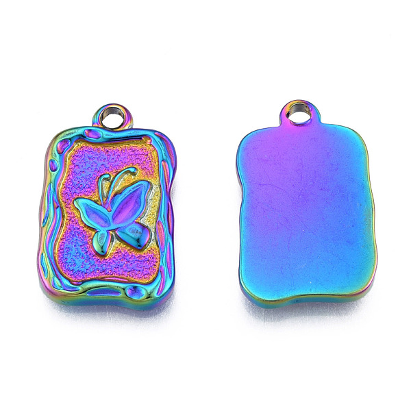 

PandaHall Ion Plating(IP) 304 Stainless Steel Pendants, Rectangle with Butterfly, Rainbow Color, 22x14x2.5mm, Hole: 2mm 304 Stainless Steel...