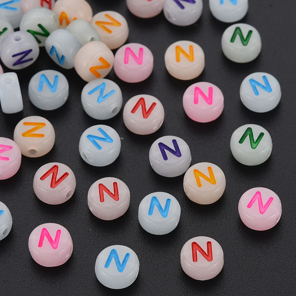

PandaHall Acrylic Beads, Glow in the Dark, with Enamel and Luminous, Horizontal Hole, Flat Round with Alphabet, Letter.N, 6.5x7x4mm, Hole..., Multicolor
