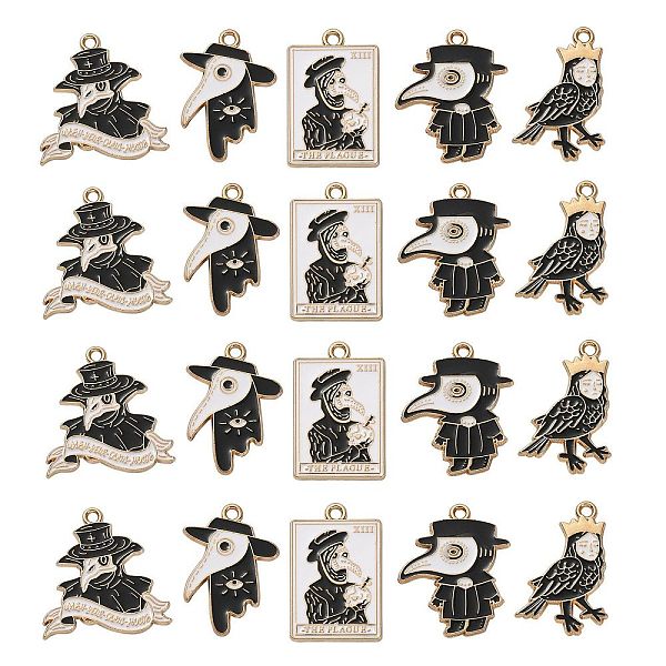 

PandaHall 25Pcs 5 Styles Gothic Alloy Pendant, with Enamel, Light Gold, Crow Doctor Charm, Black, 25~26.5x16~24.5x1.5mm, Hole: 2mm...