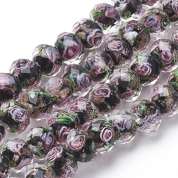 

PandaHall Handmade Gold Sand Lampwork Beads Strands, Inner Flower, Faceted Rondelle, Black, 9~10x7~8mm, Hole: 2mm, about 60pcs/strand, 17.3...