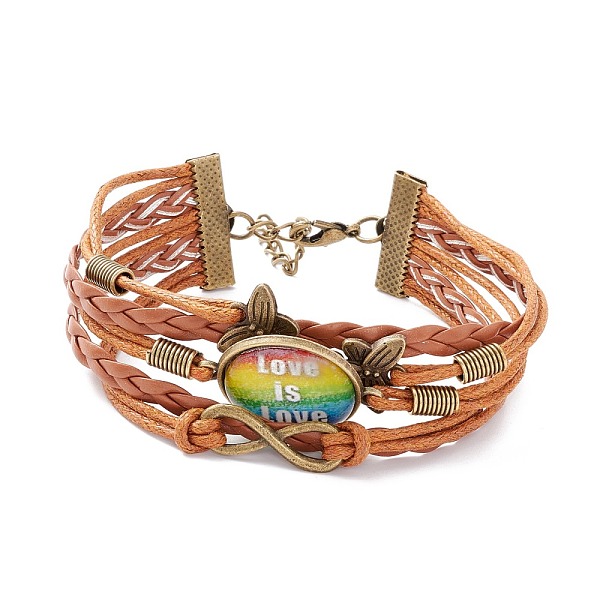 PandaHall Rainbow Pride Bracelet, Love is Love Word Flat Round & Butterfly Links Multi-strand Bracelet for Men Women, Chocolate, Word, 7-1/4...