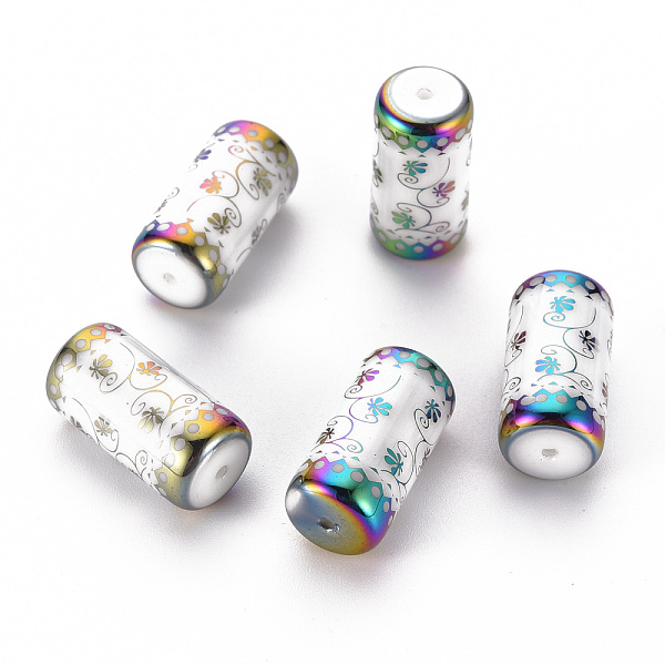 

PandaHall Electroplate Glass Beads, Column with Flower Pattern, Colorful, 20x10mm, Hole: 1.2mm, 50pcs/bag Glass Flower