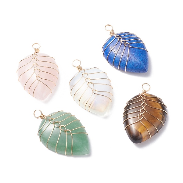 PandaHall Natural & Synthetic Gemstone Pendants, with Light Gold Tone Copper Wire Wrapped, Water Drop, 42~44x25x9~10mm, Hole: 4mm Mixed...