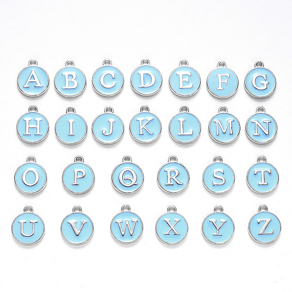 

PandaHall Initial Letter A~Z Alphabet Enamel Charms, Flat Round Disc Double Sided Charms, Platinum Plated Enamelled Sequins Alloy Charms..., Blue