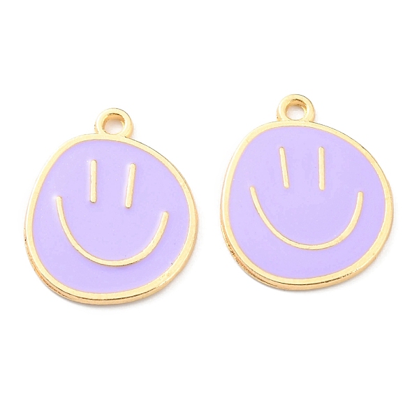 

PandaHall Alloy Enamel Pendants, Golden, Flat Round with Smiling Face Charm, Lilac, 24.5x20x1.5mm, Hole: 2mm Alloy+Enamel Flat Round Purple