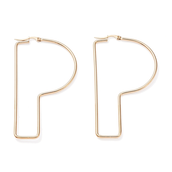 

PandaHall 304 Stainless Steel Hoop Earrings, Golden, Letter.P, 77x42x2mm, 12 Gauge, Pin: 0.6x1.5mm 304 Stainless Steel Letter P