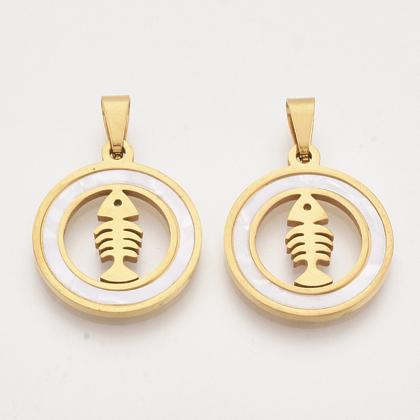 

PandaHall 201 Stainless Steel Pendants, with Shell and Random Size Snap on Bails, Flat Round with Fishbone, Golden, 23x20x2mm, Hole...