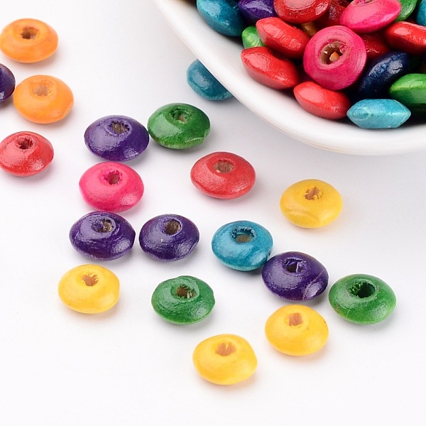 PandaHall Natural Wood Beads, Flat Round, Lead Free, Dyed, Mixed Color, about 8mm in diameter, 4mm thick, hole: 2.5mm, about 13680pcs/1000g...