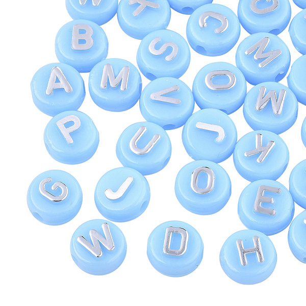 

PandaHall Plating Opaque Acrylic Beads, Metal Enlaced, Flat Round with Letter, Sky Blue, 10x6mm, Hole: 1.8mm, about 632pcs/200g Acrylic...