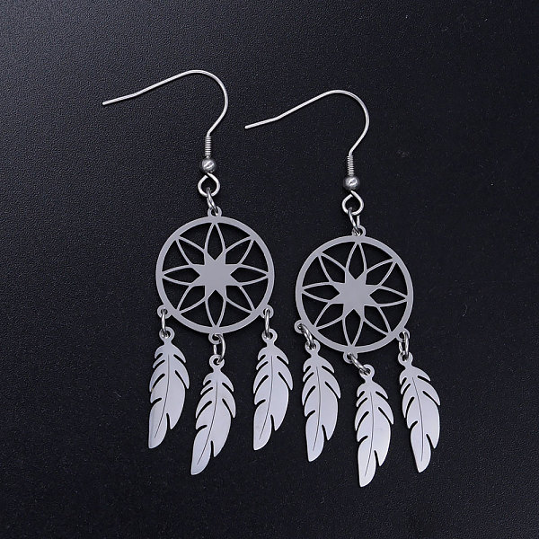 

PandaHall 201 Stainless Steel Chandelier Earrings, Woven Net/Web with Feather, Stainless Steel Color, 70x20mm, Pin: 0.7mm 201 Stainless...
