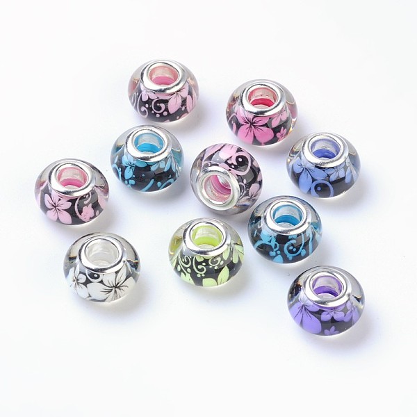 Large Hole Flower Pattern Resin European Beads, with Silver Color Plated Brass Double Cores, Rondelle, Mixed Color, 14x9mm, Hole: 5mm