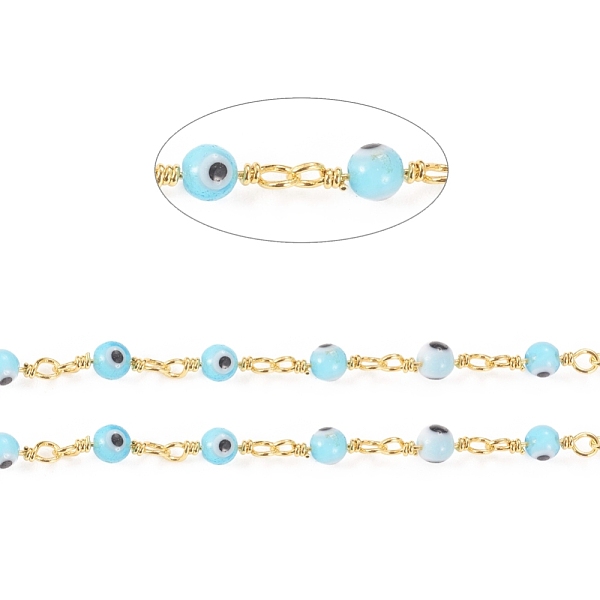 

PandaHall Handmade Evil Eye Lampwork Round Beaded Chains, with Brass Findings, Unwelded, Spool, Long-Lasting Plated, Golden, Light Sky Blue...
