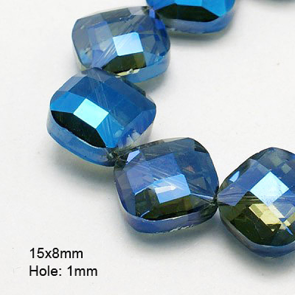 

PandaHall Electroplate Glass Beads Strands, Half Plated, Faceted, Square, Blue, 15x15x8mm, Hole: 1mm Glass Square Blue