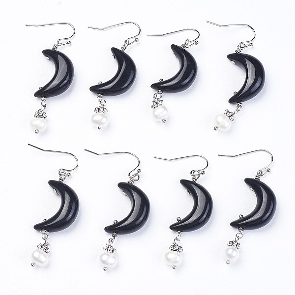 

PandaHall Natural Obsidian Dangle Earring, Crescent Moon Earrings, with Brass Earring Hooks and Alloy Findings, Natural Pearl, Platinum...