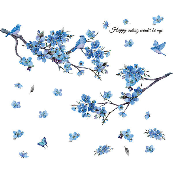 PandaHall SUPERDANT Watercolor Blue Floral Branches Wall Stickers Happiness Phrase Ink Flowers Wall Decals Butterfly Hummingbirds DIY...