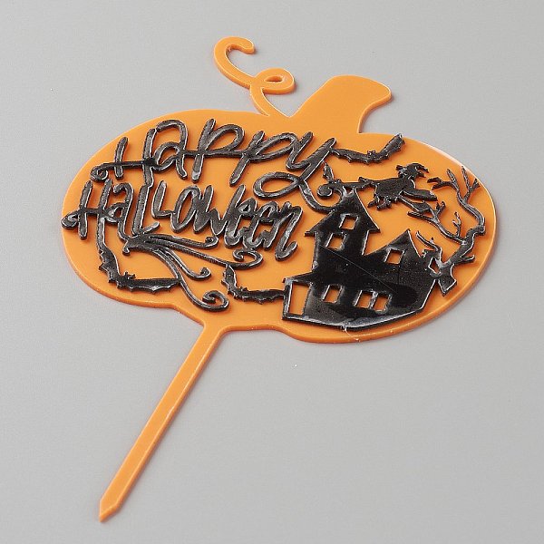 PandaHall Acrylic Pumpkin Halloween Word Cake Insert Card Decoration, with Self Adhesive, for Halloween Cake Decoration, Orange, 155x90x1mm...