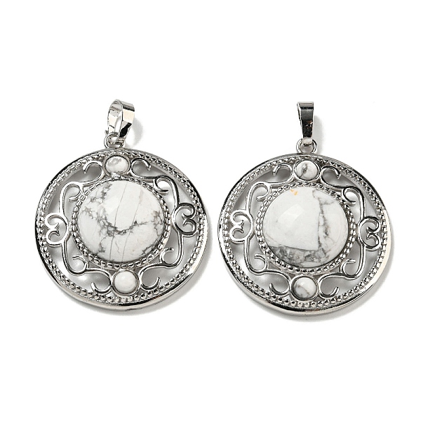 

PandaHall Natural Howlite Pendants, Rack Plating Brass Hollow Flat Round Charms, Cadmium Free & Lead Free, Platinum, 36.5x33x9.5mm, Hole...