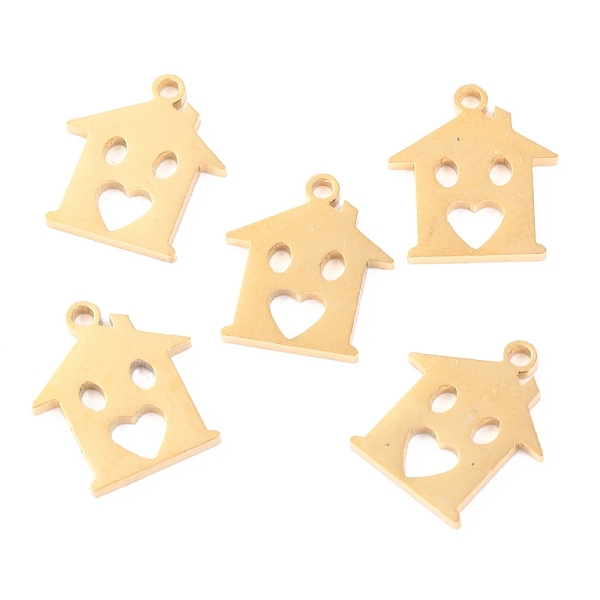PandaHall 304 Stainless Steel Charms, Laser Cut, House, Golden, 13.5x12x1.1mm, Hole: 1.4mm 304 Stainless Steel Building
