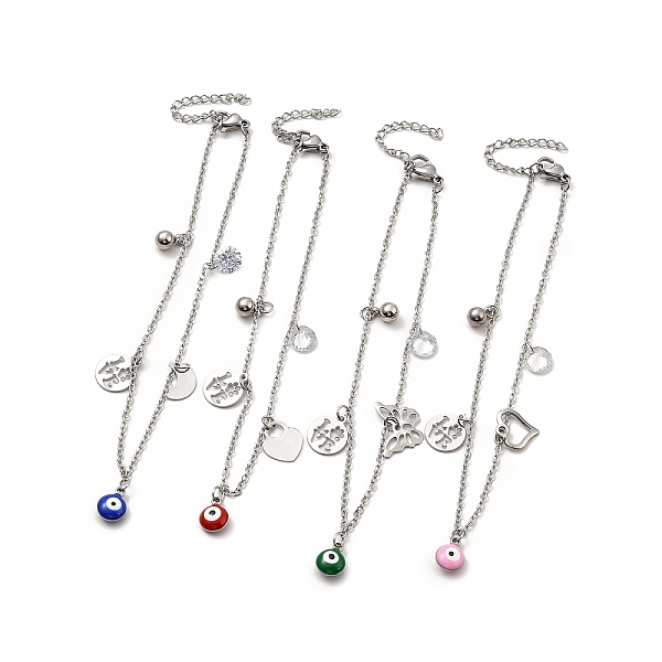 

PandaHall Enamel Evil Eye & Cubic Zirconia & 304 Stainless Steel Charm Anklet with Cable Chains, Stainless Steel Color, Mixed Patterns..., Multicolor