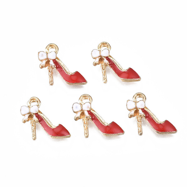 PandaHall Rack Plating Alloy Enamel Charms, Free & Nickel Free & Lead Free, High Heels with White Bowknot, FireBrick, 12.5x14x4mm, Hole...