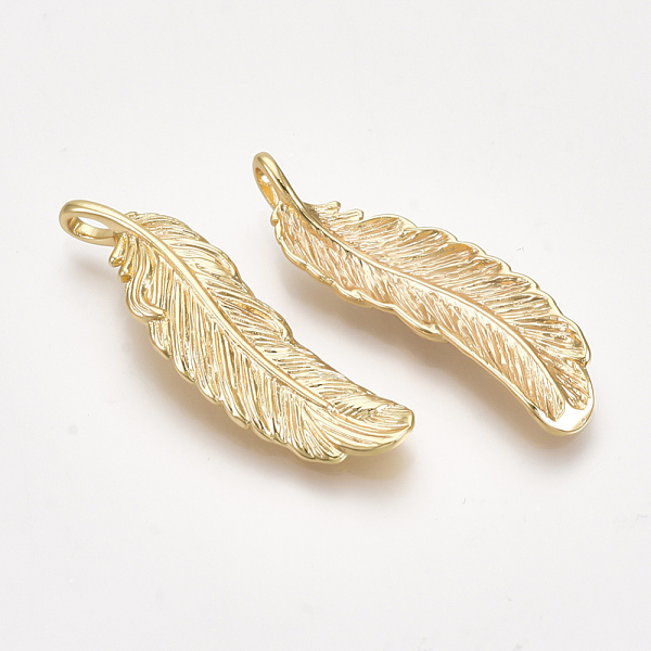 

PandaHall Brass Pendants, Feather, Nickel Free, Real 18K Gold Plated, 35.5x10.5x4mm, Hole: 3.5x2mm Brass Feather