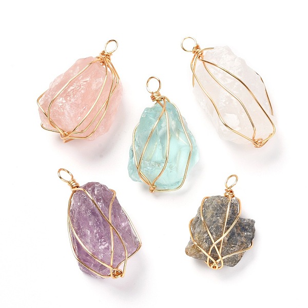 

PandaHall Natural & Synthetic Gemstone Pendants, with Real 18K Gold Plated Eco-Friendly Copper Wire, Nuggets, 36~50x23~25x15~21mm, Hole...