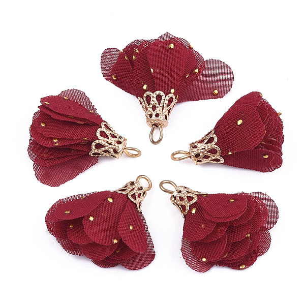 

PandaHall Iron Pendants, with Chiffon, Flower, Golden, Dark Red, 23~28x20~30mm, Hole: 1~3mm Cloth Flower Red