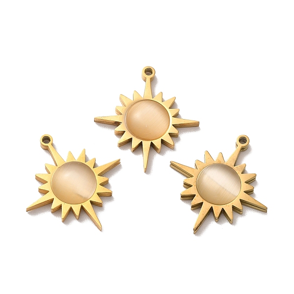 

PandaHall Cat Eye Pendants, with Ion Plating(IP) 304 Stainless Steel Findings, Sun Charm, Golden, 21x19x3.5mm, Hole: 1.4mm Stainless...