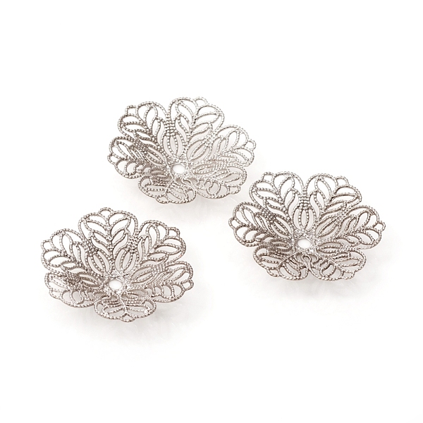 

PandaHall 6-Petal Brass Fancy Bead Caps, Long-Lasting Plated, Flower, Platinum, 28x5mm, Hole: 2mm Brass
