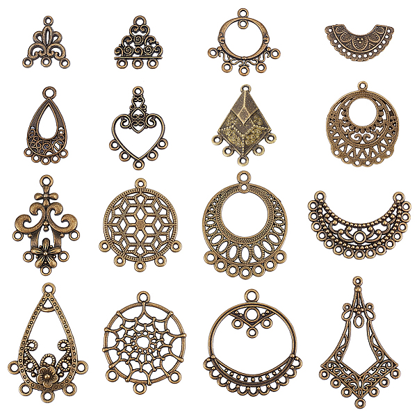 

PandaHall SUNNYCLUE 1 Box 64Pcs 16 Style Chandelier Connector Charms Component Connector Charm Tibetan Style Bronze Filigree Charms Findings...