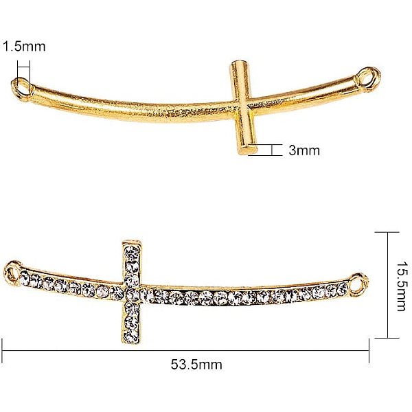 

PandaHall 12pcs Slim Sideways Cross Golden Tone Curved Bracelet Connector Bar Link Alloy+Rhinestone Cross
