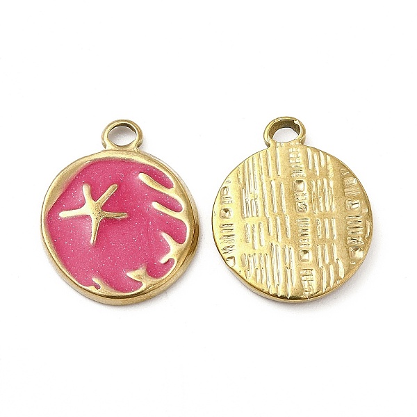 

PandaHall Vacuum Plating 201 Stainless Steel Enamel Pendants, Real 18K Gold Plated, Flat Round with Starfish Charm, Camellia, 19x15x2mm..., Pink