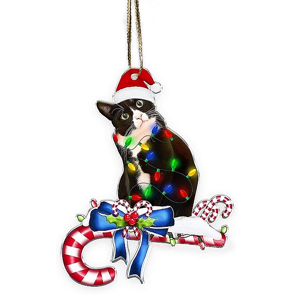 PandaHall Christmas Cat Shape Acrylic Pendant Decoration, with Nylon Rope and Iron Bell, for Car Rear View Mirror Hanging Ornament, Candy...