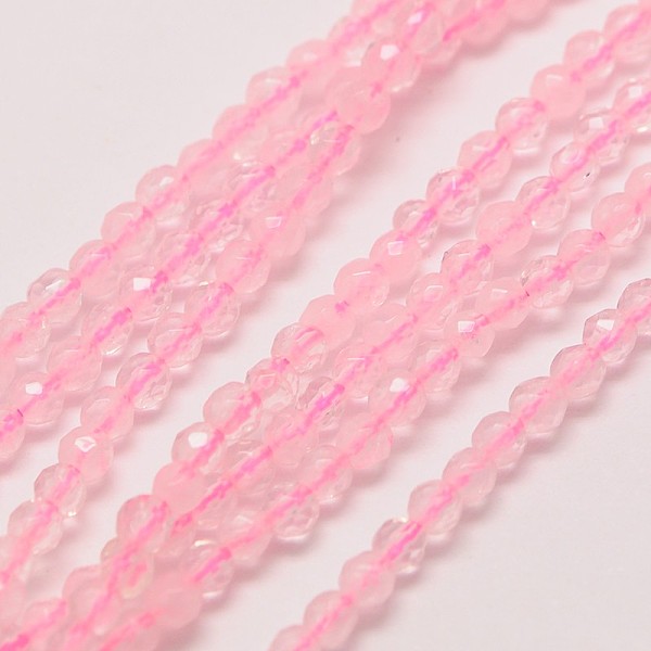 

PandaHall Natural Rose Quartz Beads Strands, Faceted Round, 3mm, Hole: 0.8mm, about 118~130pcs/strand, 15.4 inch Rose Quartz Round Pink