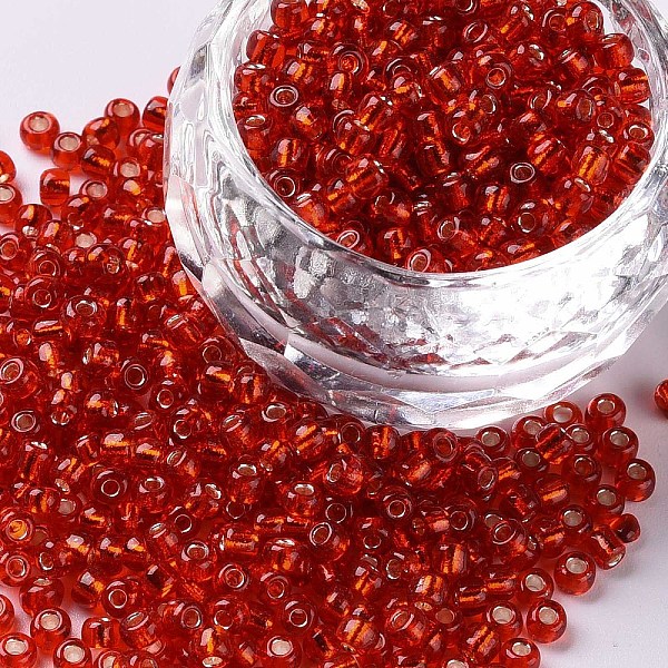 

PandaHall 8/0 Glass Seed Beads, Silver Lined Round Hole, Round, Red, 3mm, Hole: 1mm, about 10000 beads/pound Glass Red
