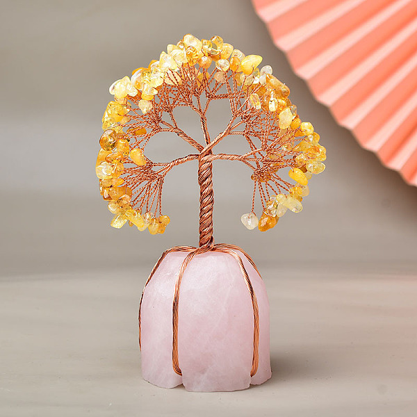 PandaHall Natural Citrine Chips Tree of Life Decorations, Rose Quartz Base with Copper Wire Feng Shui Energy Stone Gift for Home Office...