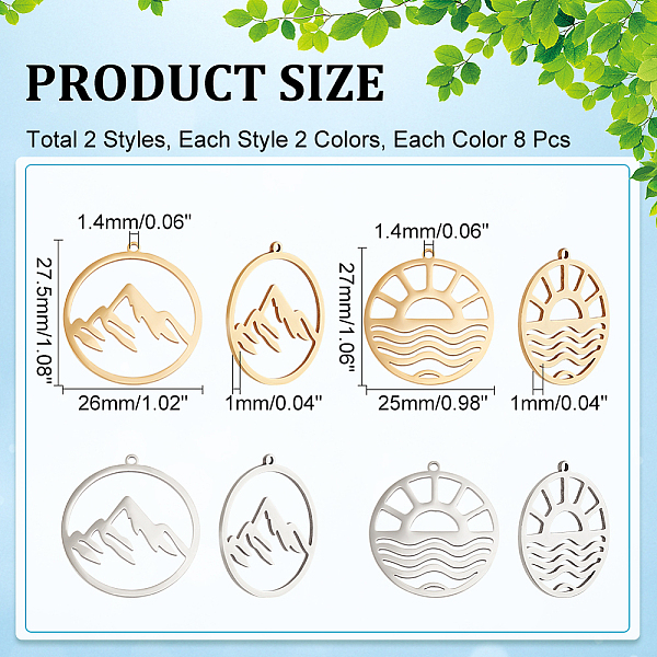 

PandaHall DICOSMETIC 16Pcs 2 Styles 2Colors Flat Round with Mountain Charm Ring with Mountain/Sun Charm Hollow Sun Charm Stainless Steel...