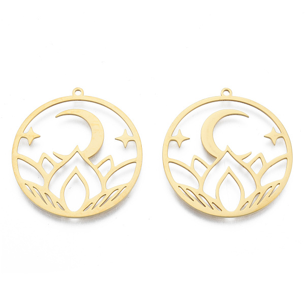 

PandaHall 201 Stainless Steel Pendants, Moon with Flower Charm, Real 18K Gold Plated, 34x32x1mm, Hole: 1.6mm 201 Stainless Steel Flower